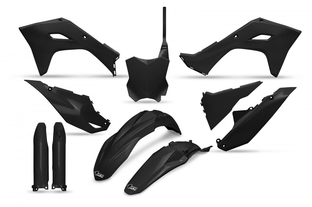 UFO Plastikkit Schwarz für Kawasaki KX450F (2024-2025) und KX250F (2025) – robuste Kunststoffverkleidung im originalgetreuen Design für verbesserte Performance, Schutz und individuelles Aussehen, ideal für Motocross und Offroad-Enthusiasten.