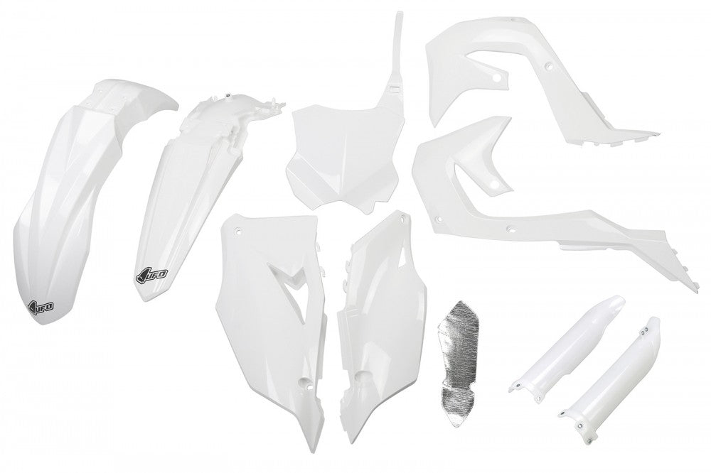 UFO Plastikkit Weiß für Kawasaki KX450F (2019-2024) und KX250F (2021-2023) – hochwertige Kunststoffverkleidung im OEM-Design für verbesserte Haltbarkeit, Schutz und Performance, ideal für Motocross und Offroad-Fahrer.