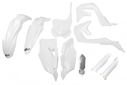 UFO Plastikkit Weiß für Kawasaki KX450F (2019-2024) und KX250F (2021-2023) – hochwertige Kunststoffverkleidung im OEM-Design für verbesserte Haltbarkeit, Schutz und Performance, ideal für Motocross und Offroad-Fahrer.